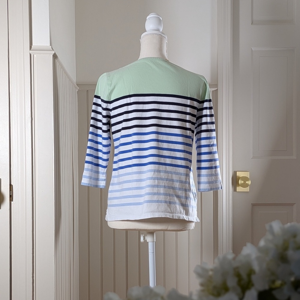 Talbots Petite MP Green Blue Striped Boatneck 3/4 Sleeve Top - Picture 2 of 8